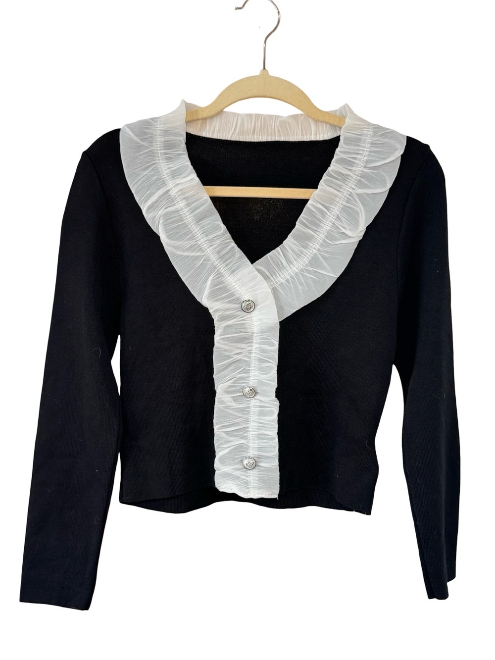Chicwish Black V-Neck Cardigan with White Ruffle Trim